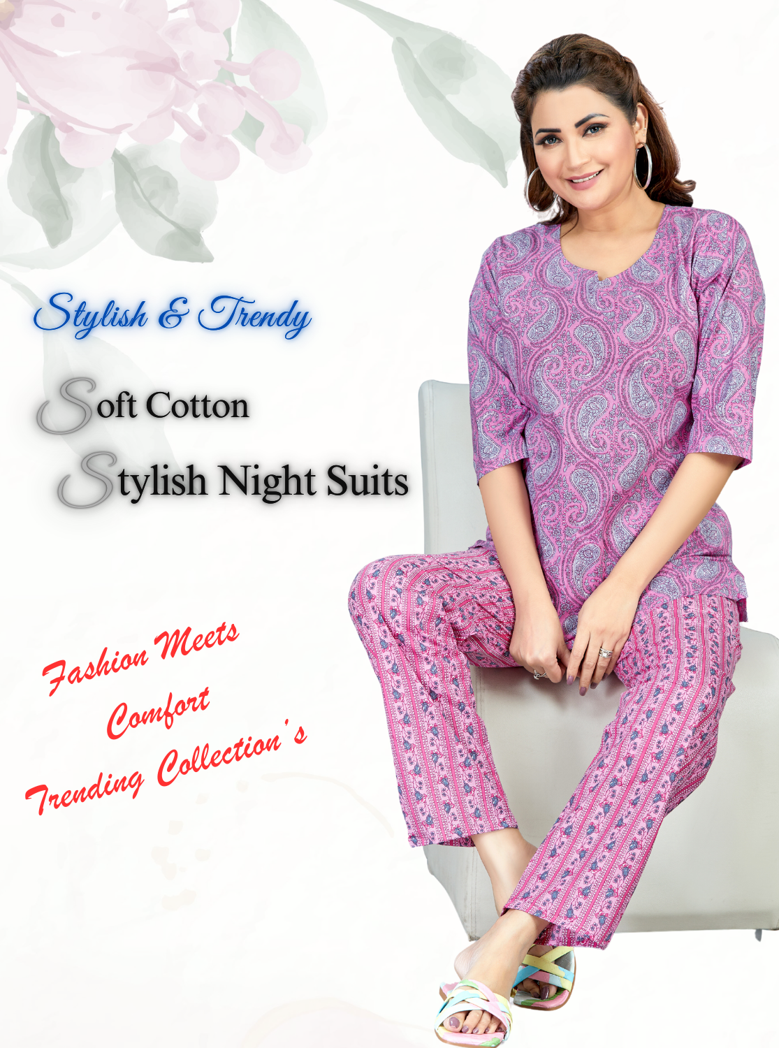 MANGAI Premium Cotton Printed Cambric Night Suits | Stylish Print's All Over | Top & Bottom Set | 3/4 Sleeve | Trendy Night Suits for Stylish Women's (CMNS)