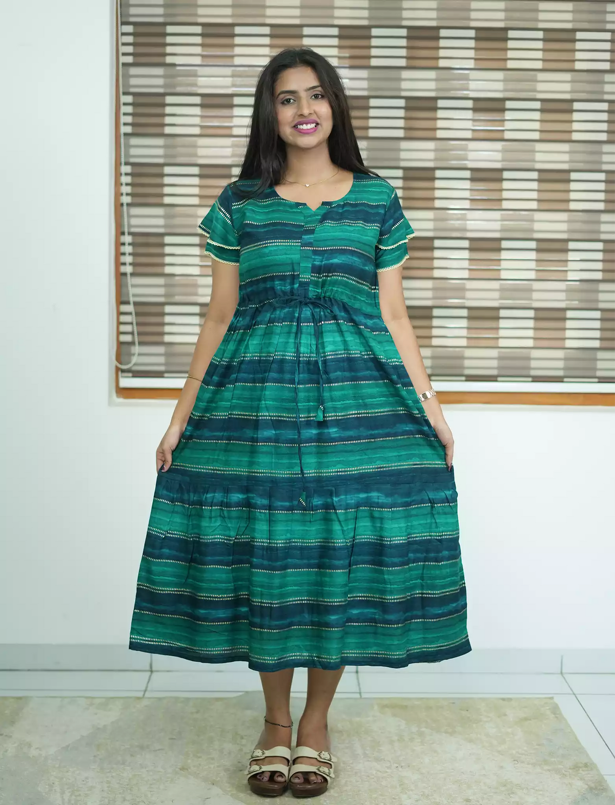 Rayon Stripe Print Gathering Maxi with Front Tie - Mangai Nighties