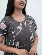Navy Abstract Loop Print Rayon Front Zipper Feeding Full Frock with Layer Sleeve - Mangai Nighties