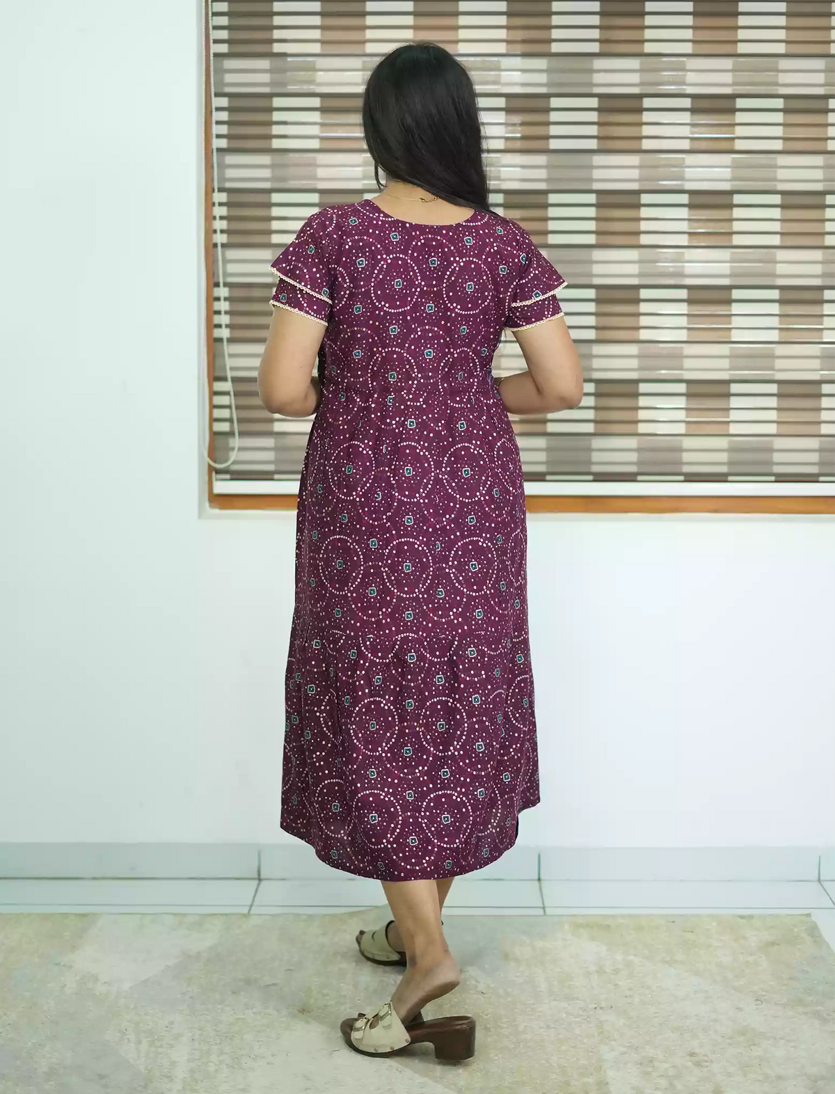 Rayon Circle Print Gathering Maxi with Side Pocket- Mangai Nighties