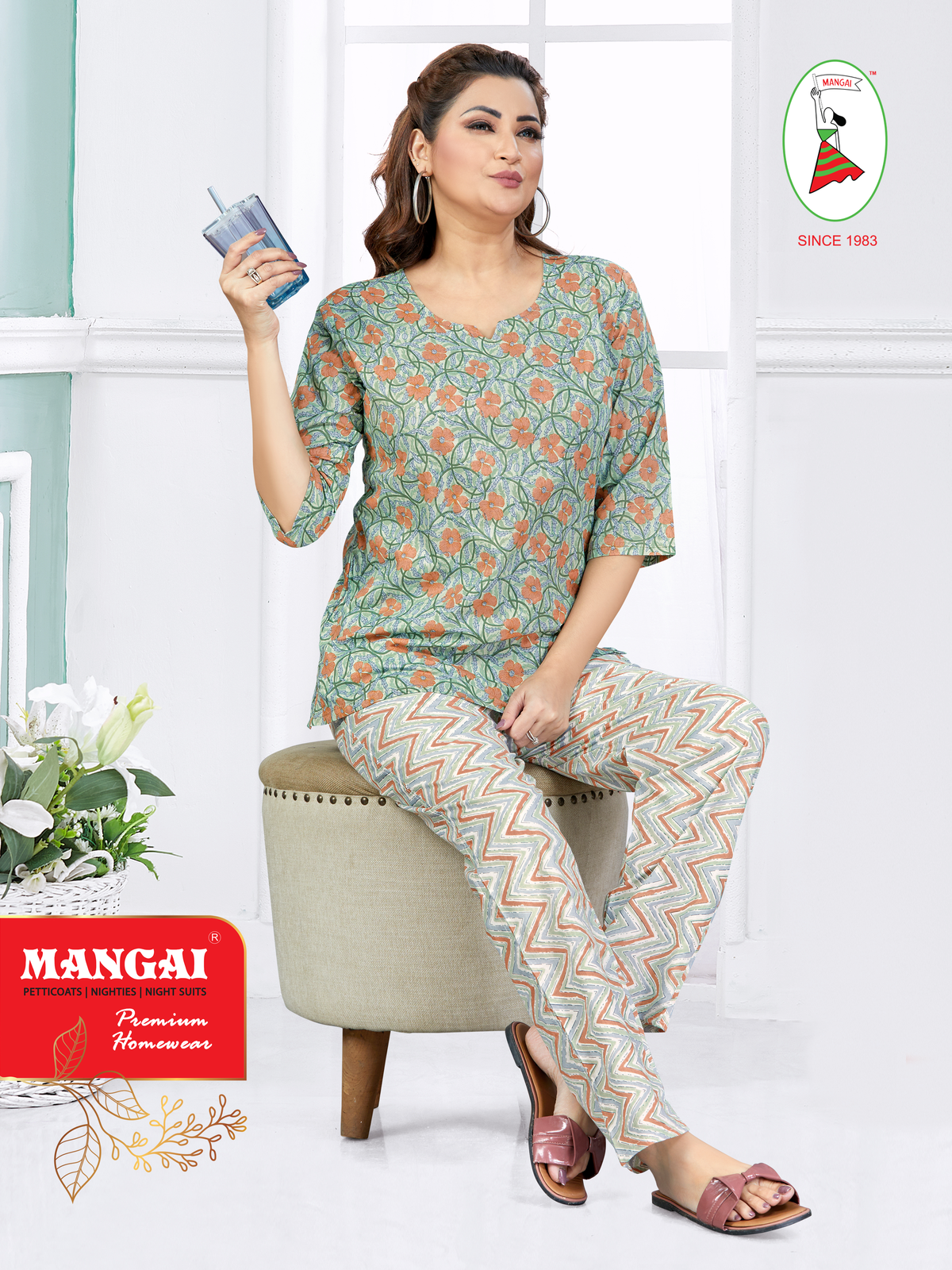 MANGAI Premium Cotton Printed Cambric Night Suits | Stylish Print's All Over | Top & Bottom Set | 3/4 Sleeve | Trendy Night Suits for Stylish Women's (CMNS)