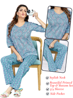 MANGAI Premium Cotton Printed Cambric Night Suits | Stylish Print's All Over | Top & Bottom Set | 3/4 Sleeve | Trendy Night Suits for Stylish Women's (CMNS)