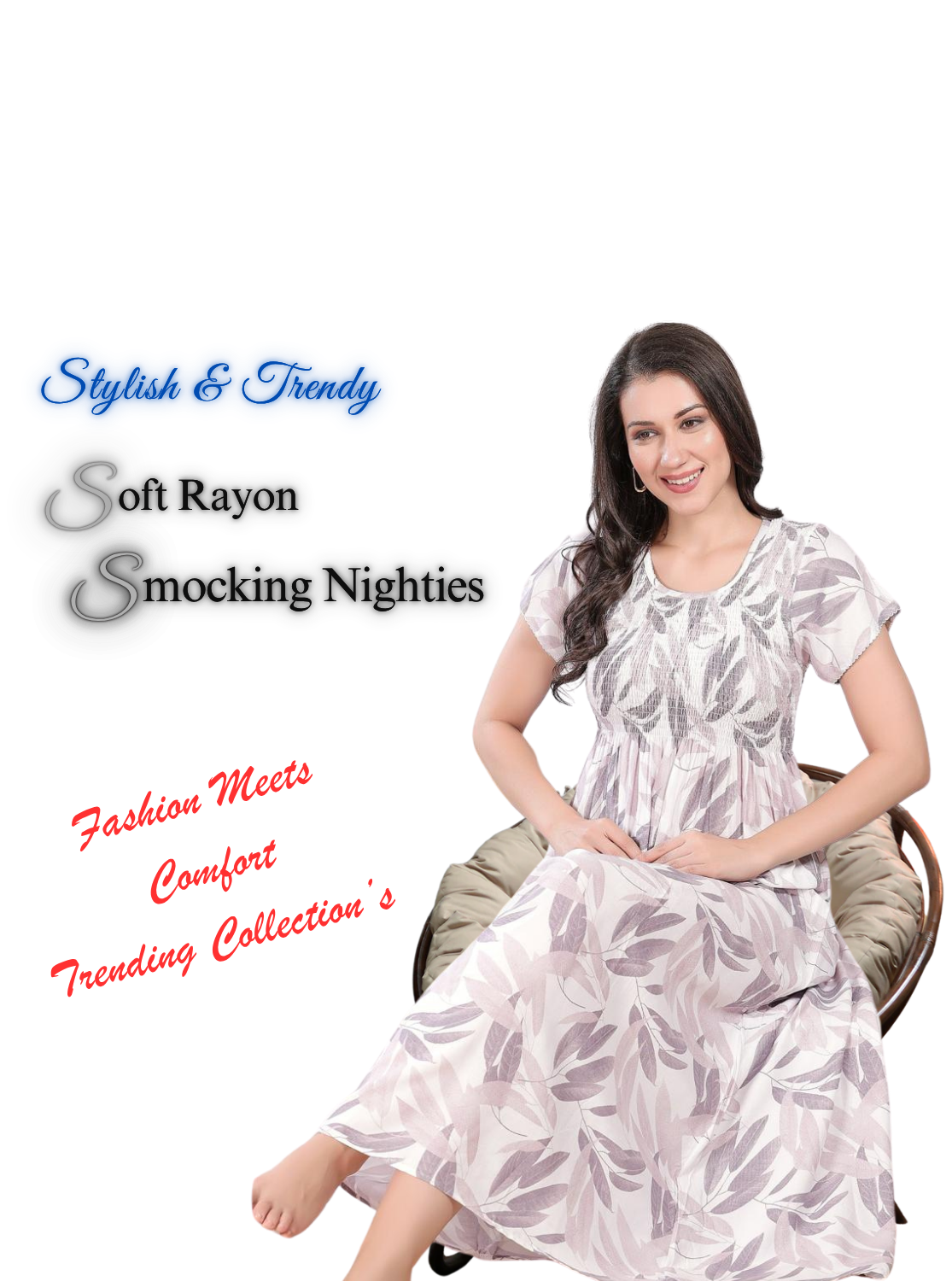 MANGAI Premium RAYON Smocking Nighty | Beautiful Pleated Design | Side Pocket | Stylish Nighty for Trendy Women's | Your Perfect Nightwear Collection's (RYS)