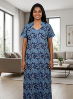 MANGAI Regular Cotton Printed Nighty for Women | Collar Neck Front Zipper Full Length Nighty with Side Pocket | Half Sleeve Comfort Fit House Wear (ATR)