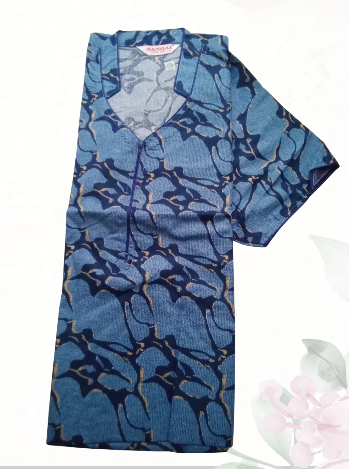 MANGAI Regular Cotton Printed Nighty for Women | Collar Neck Front Zipper Full Length Nighty with Side Pocket | Half Sleeve Comfort Fit House Wear (ATR)