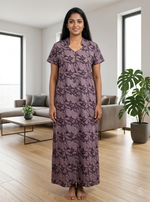 MANGAI Regular Cotton Printed Nighty for Women | Collar Neck Front Zipper Full Length Nighty with Side Pocket | Half Sleeve Comfort Fit House Wear (ATR)