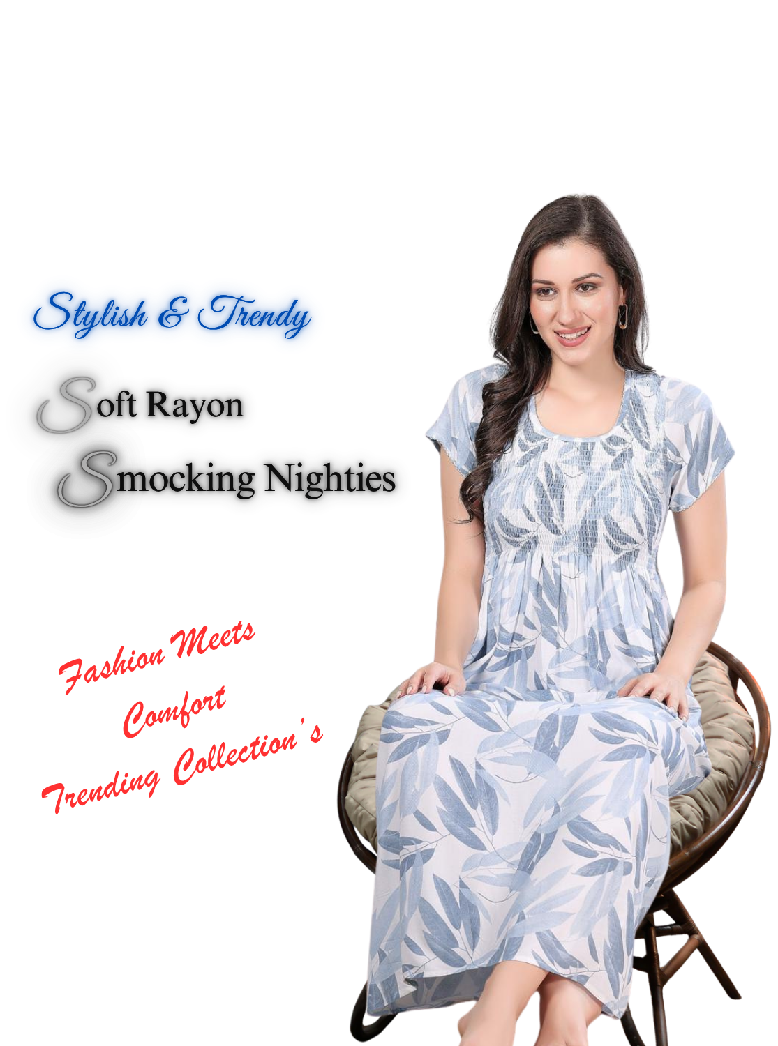 MANGAI Premium RAYON Smocking Nighty | Beautiful Pleated Design | Side Pocket | Stylish Nighty for Trendy Women's | Your Perfect Nightwear Collection's (RYS)