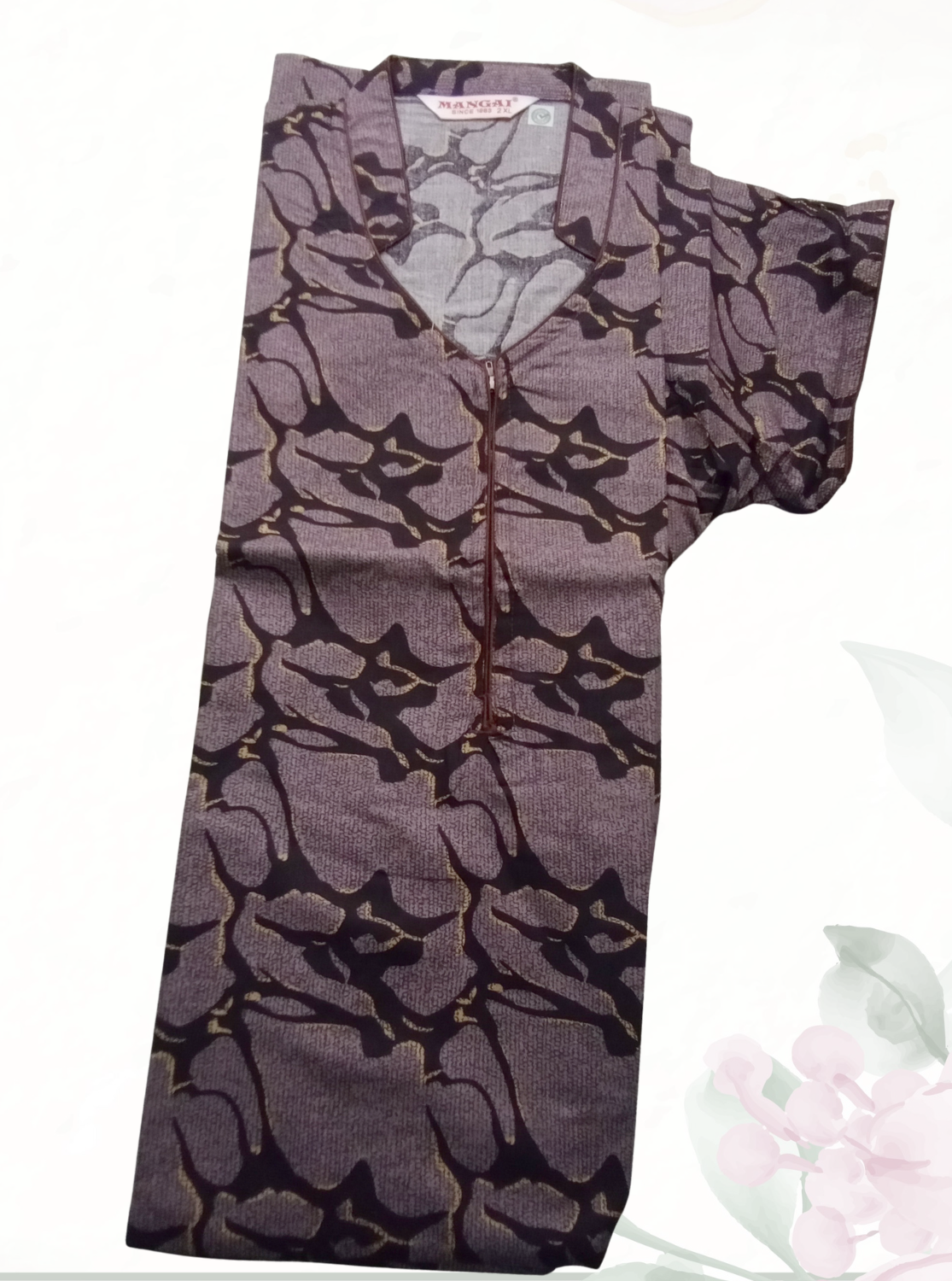 MANGAI Regular Cotton Printed Nighty for Women | Collar Neck Front Zipper Full Length Nighty with Side Pocket | Half Sleeve Comfort Fit House Wear (ATR)