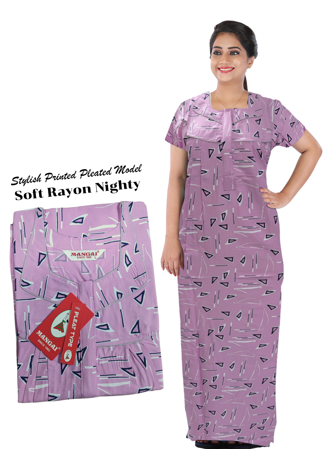 MANGAI RAYON Pleated Model Nighties - All Over Printed Stylish Nightwear for Stylish Women | Beautiful Nighties for Stylish Women's | Shrinkage Free Rayon Nighties