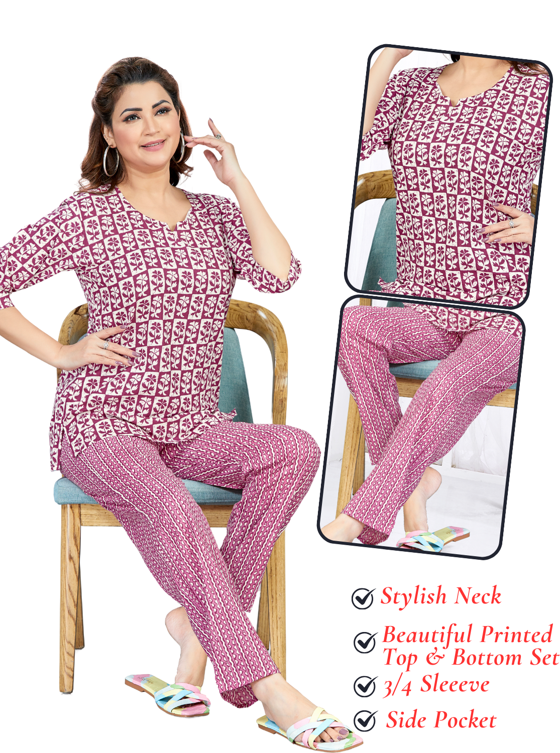 MANGAI Premium Cotton Printed Cambric Night Suits | Stylish Print's All Over | Top & Bottom Set | 3/4 Sleeve | Trendy Night Suits for Stylish Women's (CMNS)