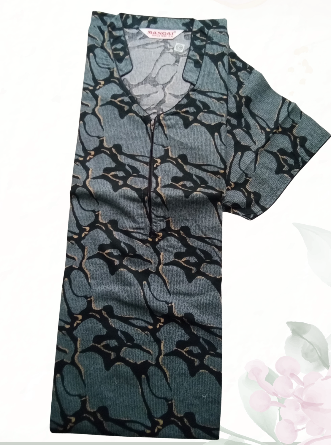 MANGAI Regular Cotton Printed Nighty for Women | Collar Neck Front Zipper Full Length Nighty with Side Pocket | Half Sleeve Comfort Fit House Wear (ATR)