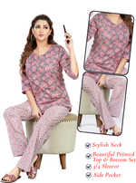 MANGAI Premium Cotton Printed Cambric Night Suits | Stylish Print's All Over | Top & Bottom Set | 3/4 Sleeve | Trendy Night Suits for Stylish Women's (CMNS)