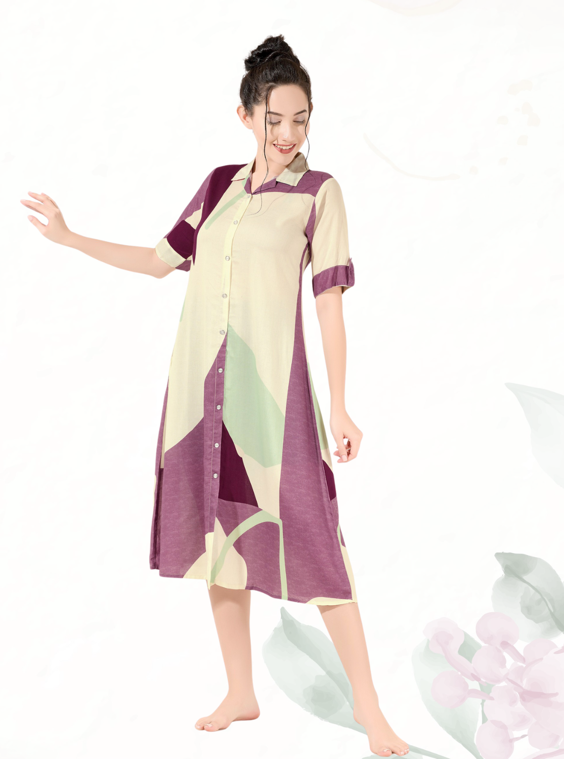 MANGAI Premium Rayon Collar MAXI Nighty for Women | Long Sleeve Stylish Nightwear for Women and Teenager | Perfect Stylish Nightwear (CM)