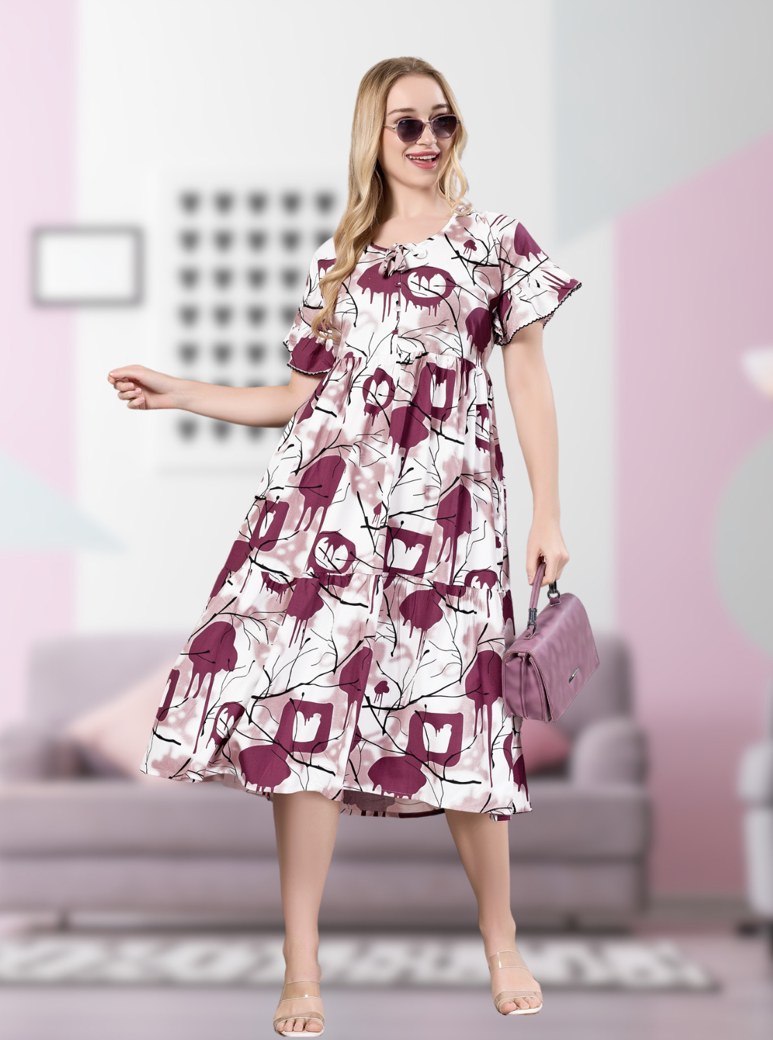Rayon MAXI FROCK Model Nighties | Fancy Petal Sleeve | Fancy Neck & Side Pocket | Pleated Frock MAXI Style | Trendy Collection's for Stylish Women & Teenage Girl (PSG-H)
