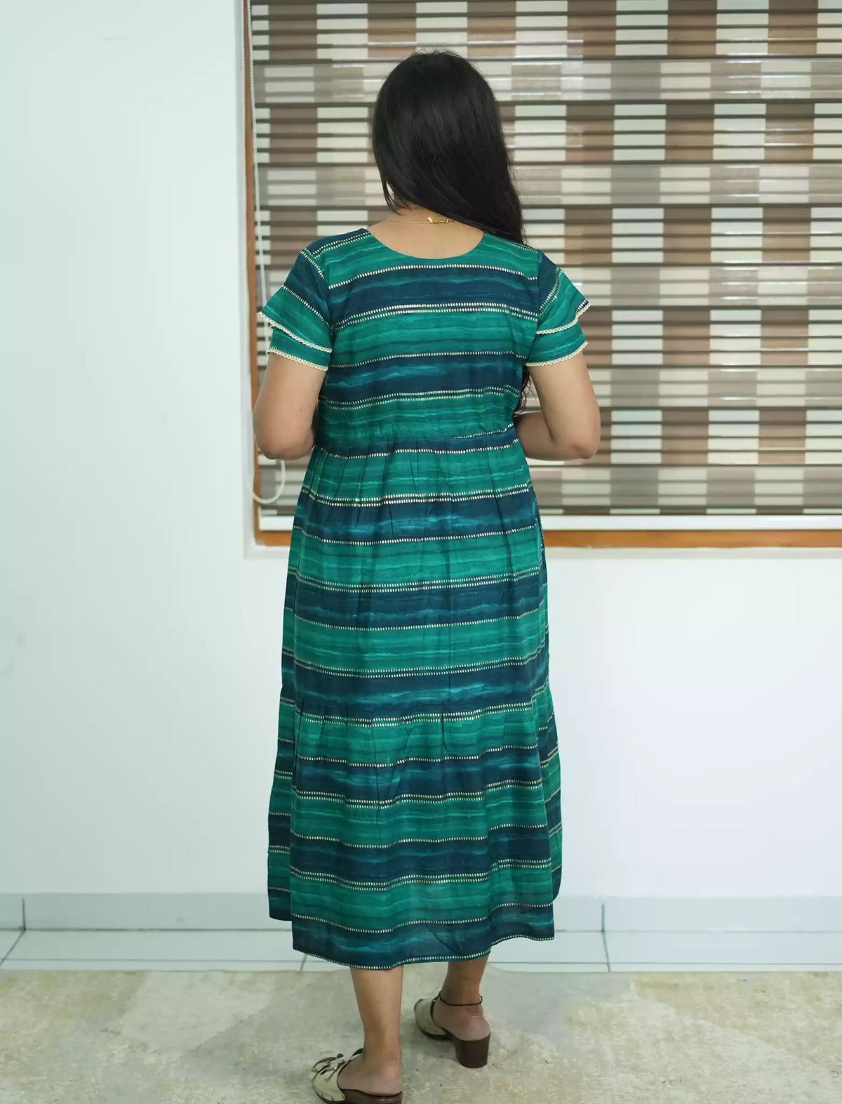 Rayon Stripe Print Gathering Maxi with Front Tie - Mangai Nighties