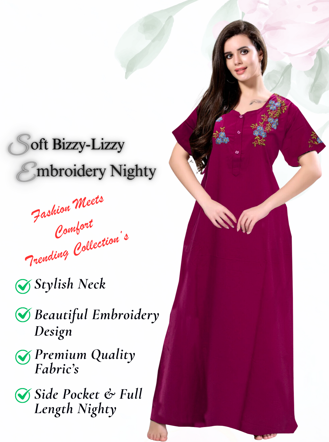 Stylish Embroidery Nightgown | Superior Quality Bizzy - Lizzy Nighty | Plain Pattern with Beautiful Embroidery Work's | Updated Collection's (CPL)