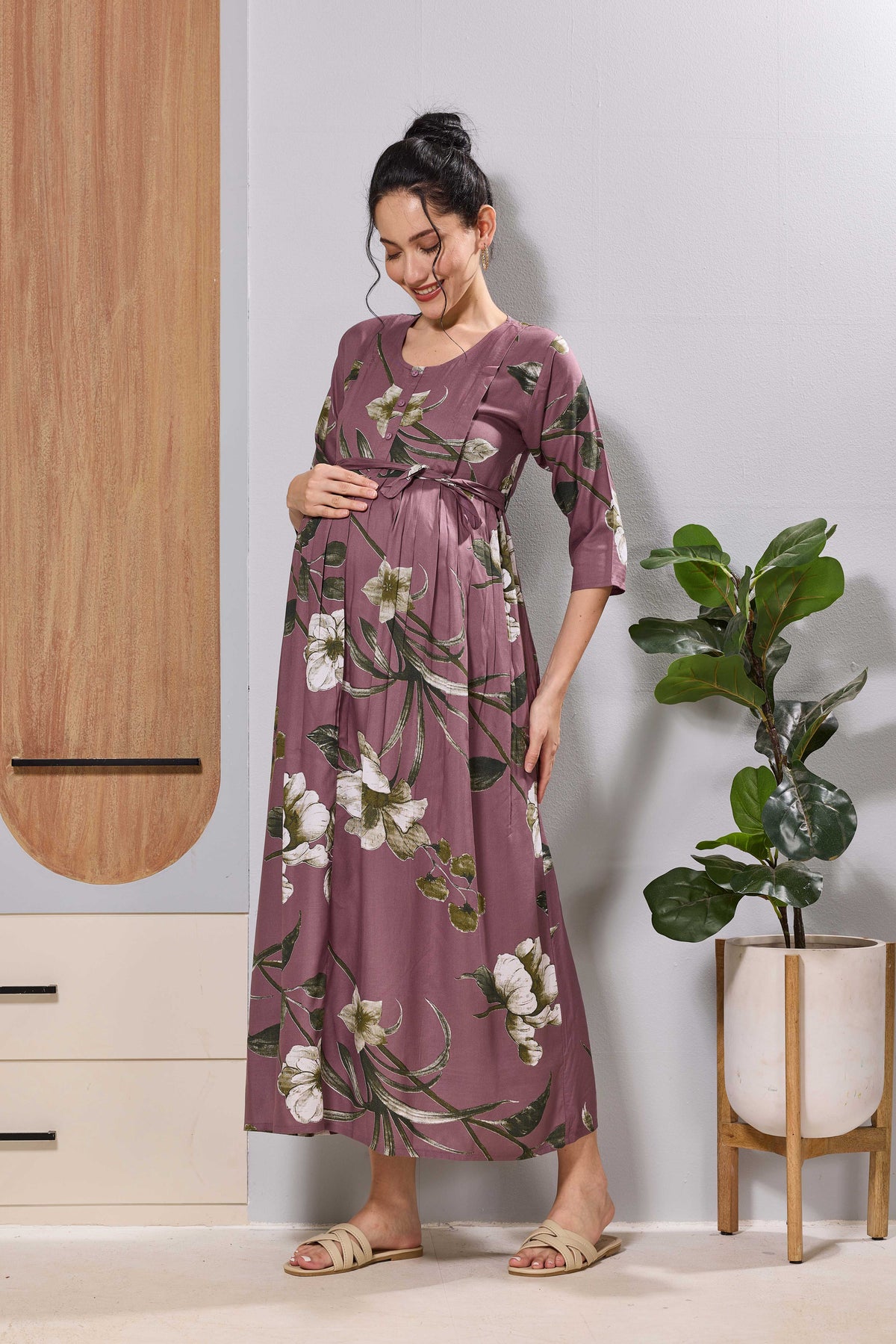 Mangai Mauve Maternity Feeding Long Frock with Invisible Zip