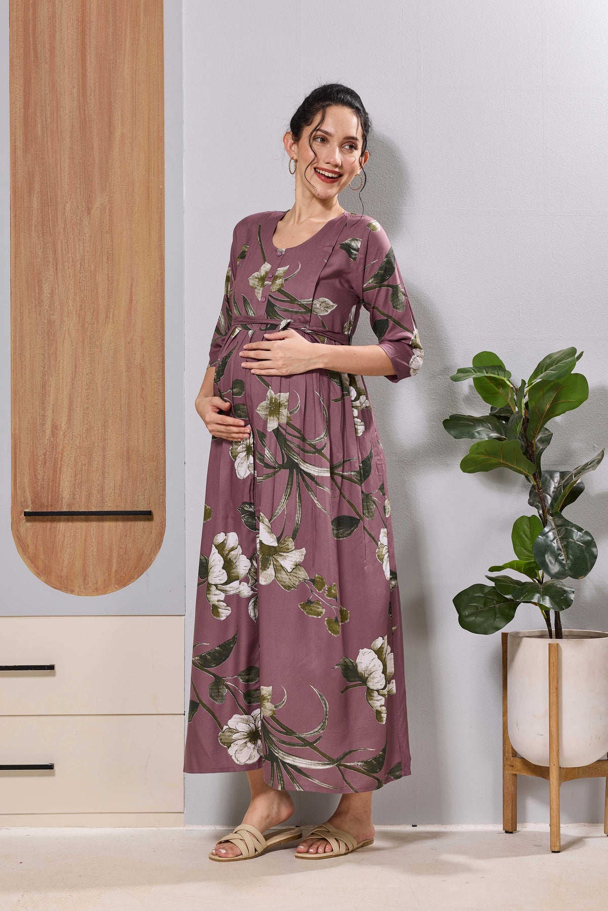 Mangai Mauve Maternity Feeding Long Frock with Invisible Zip