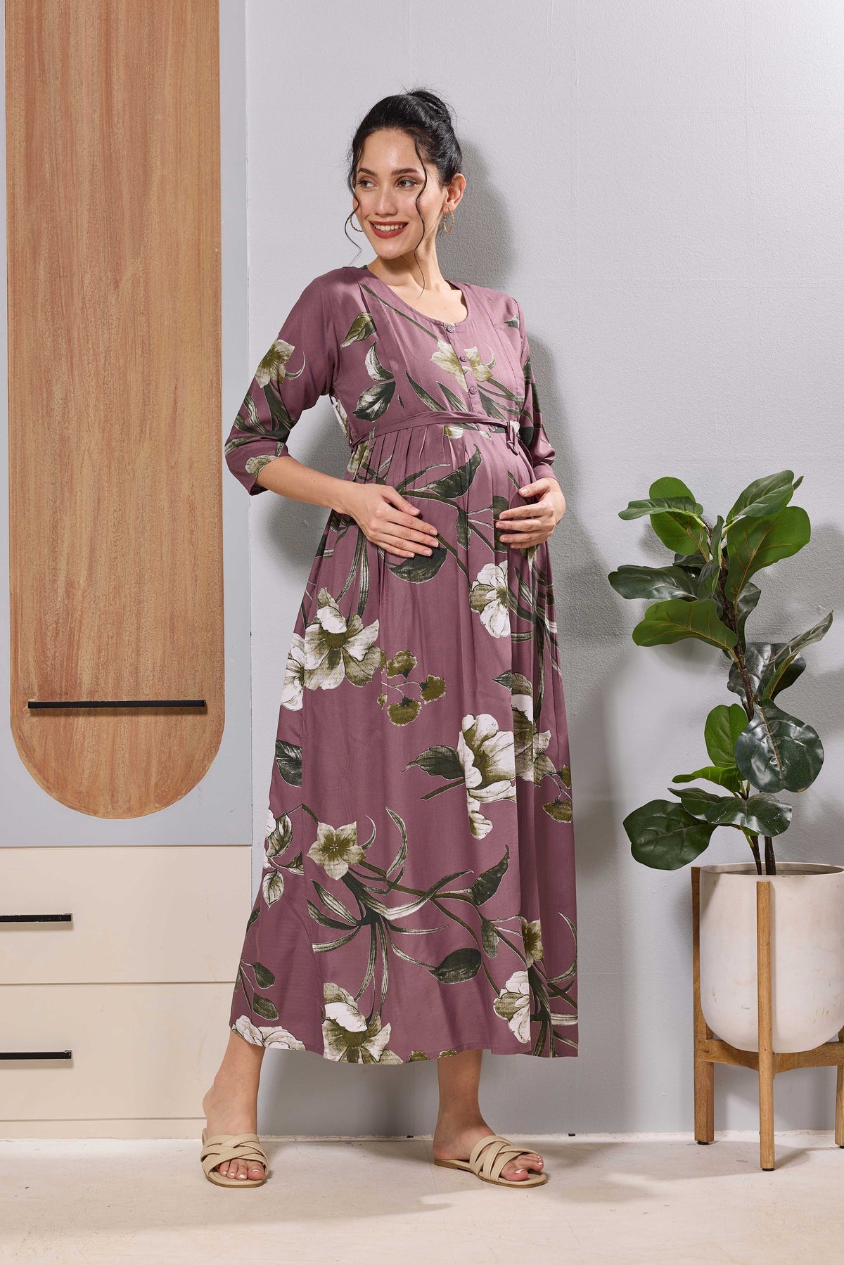 Mangai Mauve Maternity Feeding Long Frock with Invisible Zip