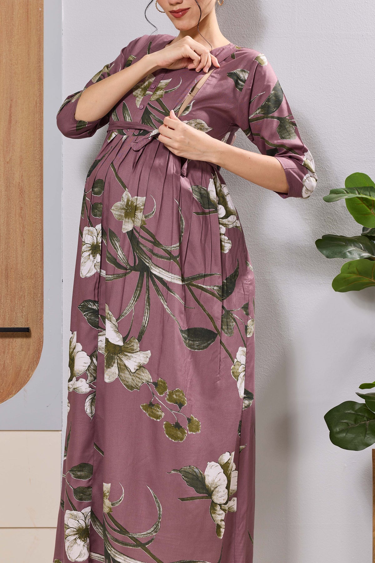 Mangai Mauve Maternity Feeding Long Frock with Invisible Zip