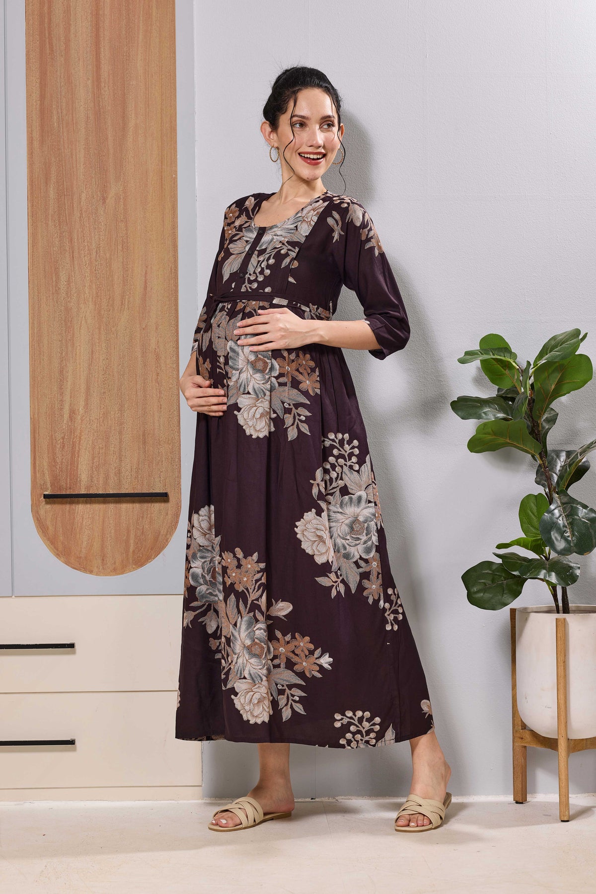 Mangai Teal Blue Floral Feeding Dress | Maternity Long Frock