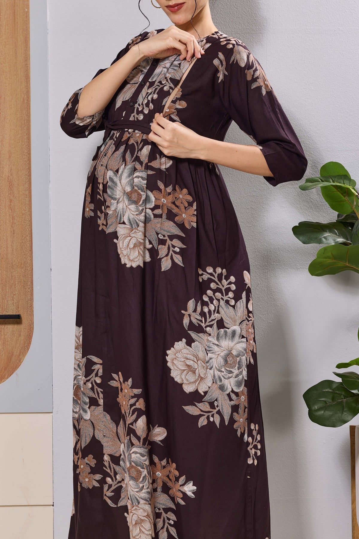 Mangai Teal Blue Floral Feeding Dress | Maternity Long Frock