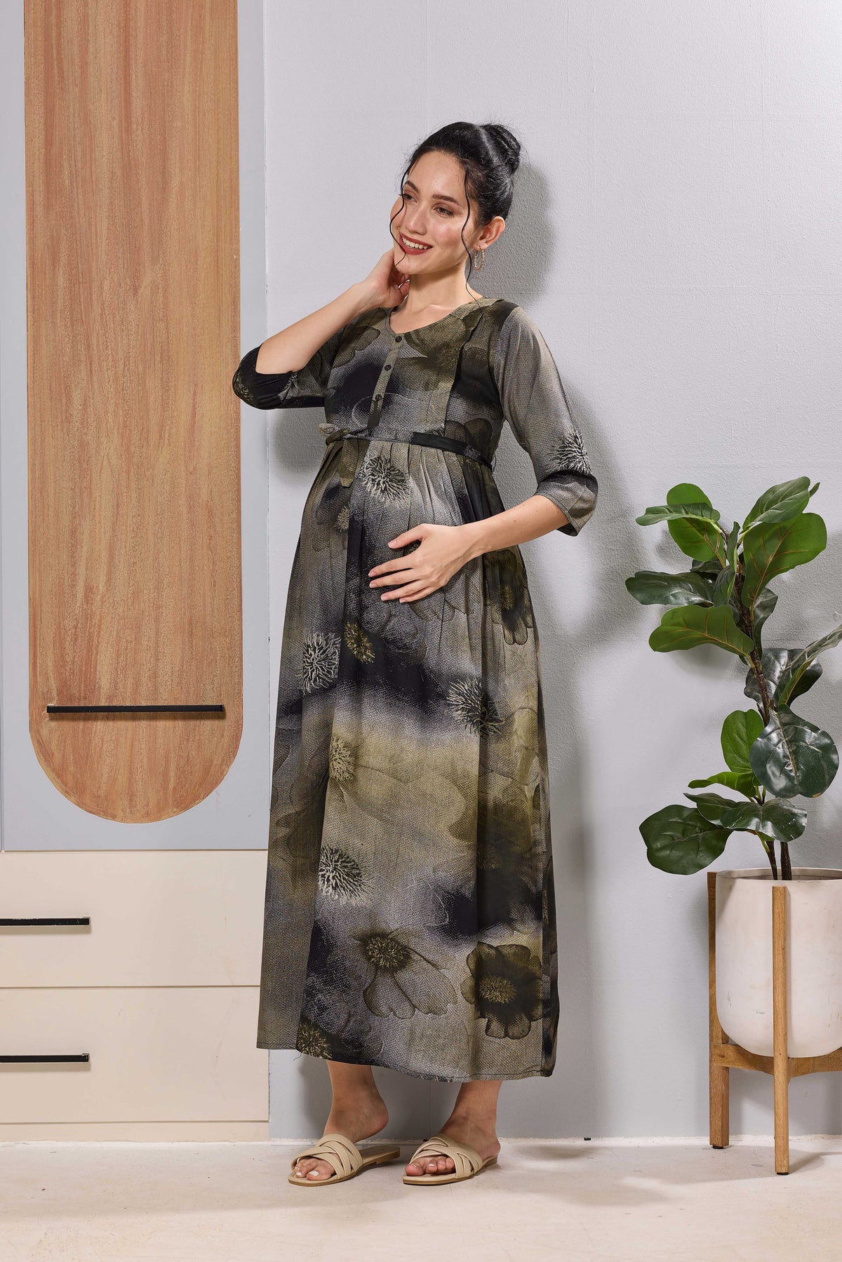 Mangai Olive Green Maternity Feeding Long Frock with Zip