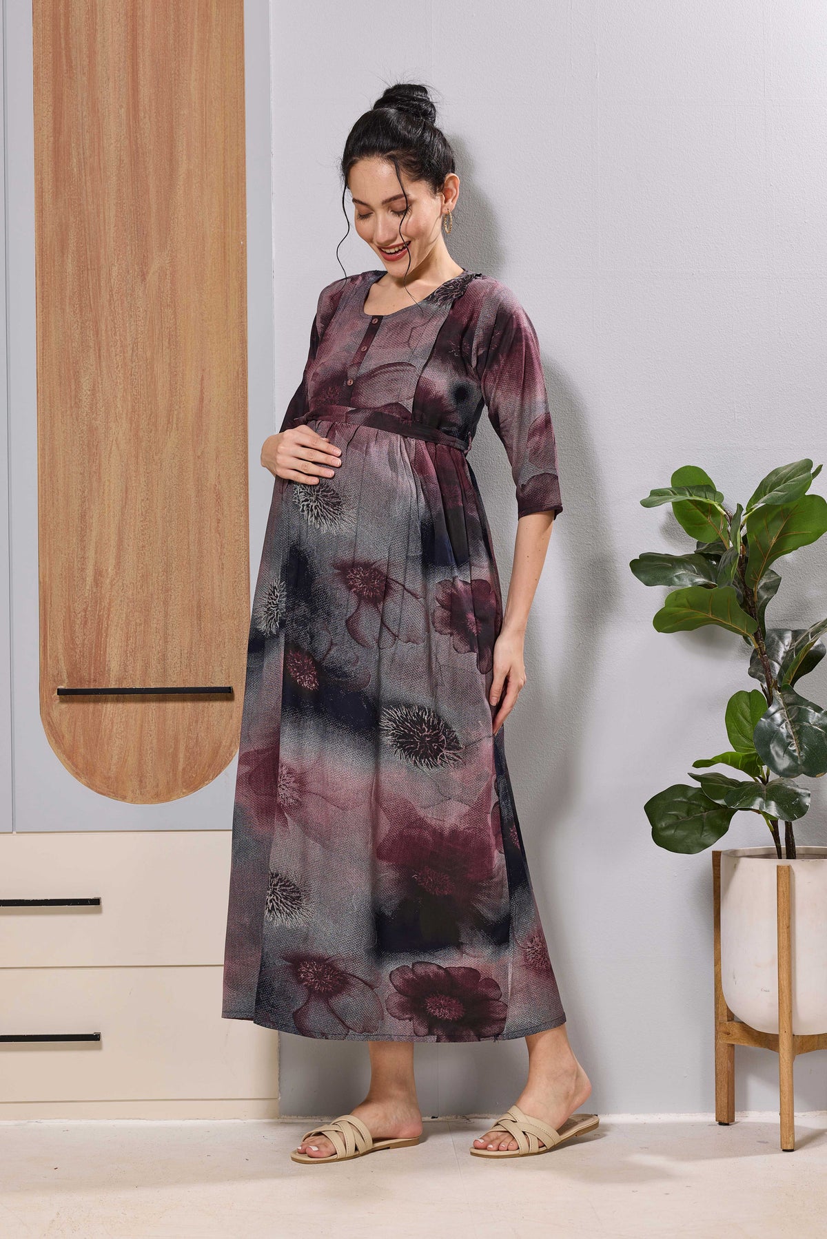 Mangai Olive Green Maternity Feeding Long Frock with Zip
