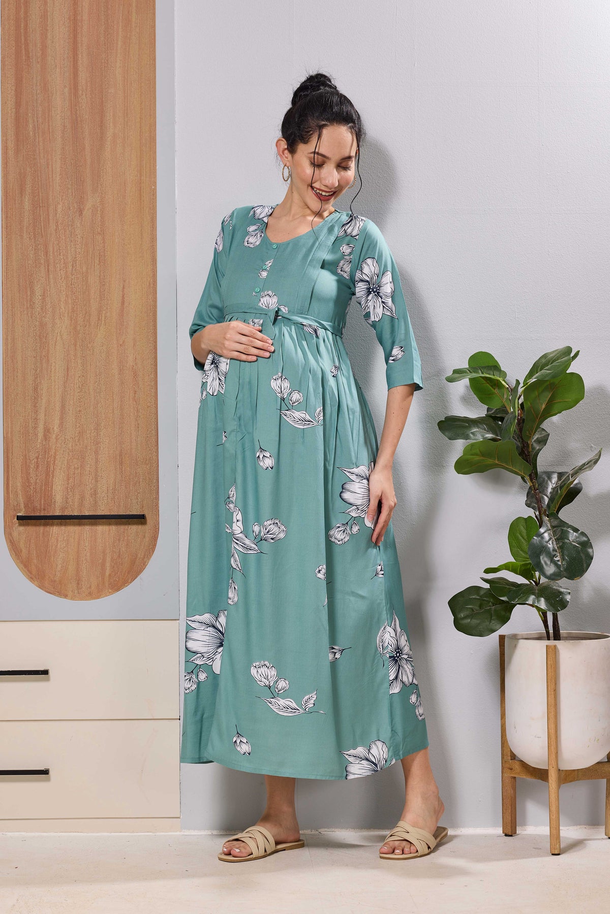 Mangai Pink Floral Feeding & Maternity Wear Long Frock Dress
