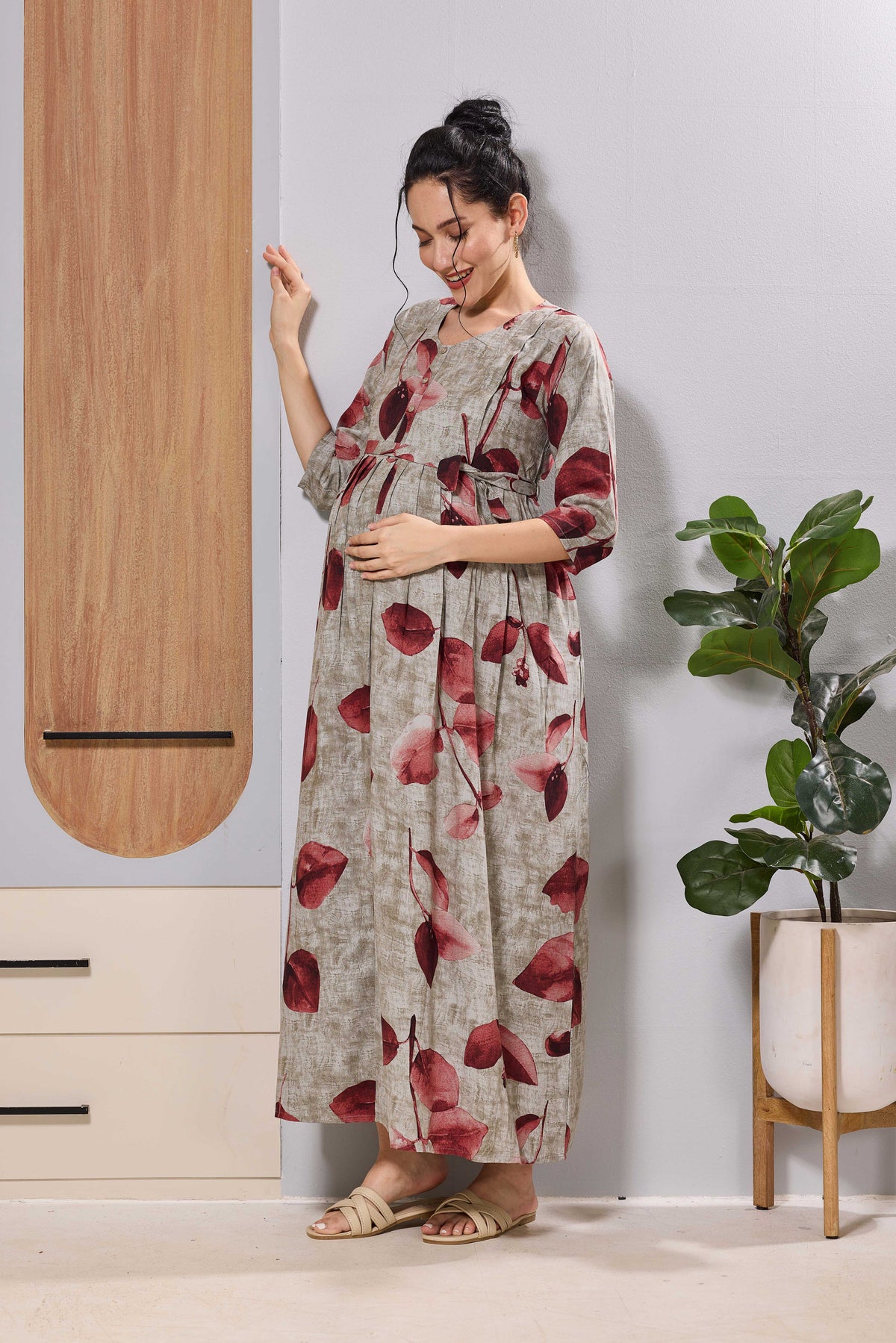 Mangai Dusty Pink Maternity Feeding Long Frock with Zip
