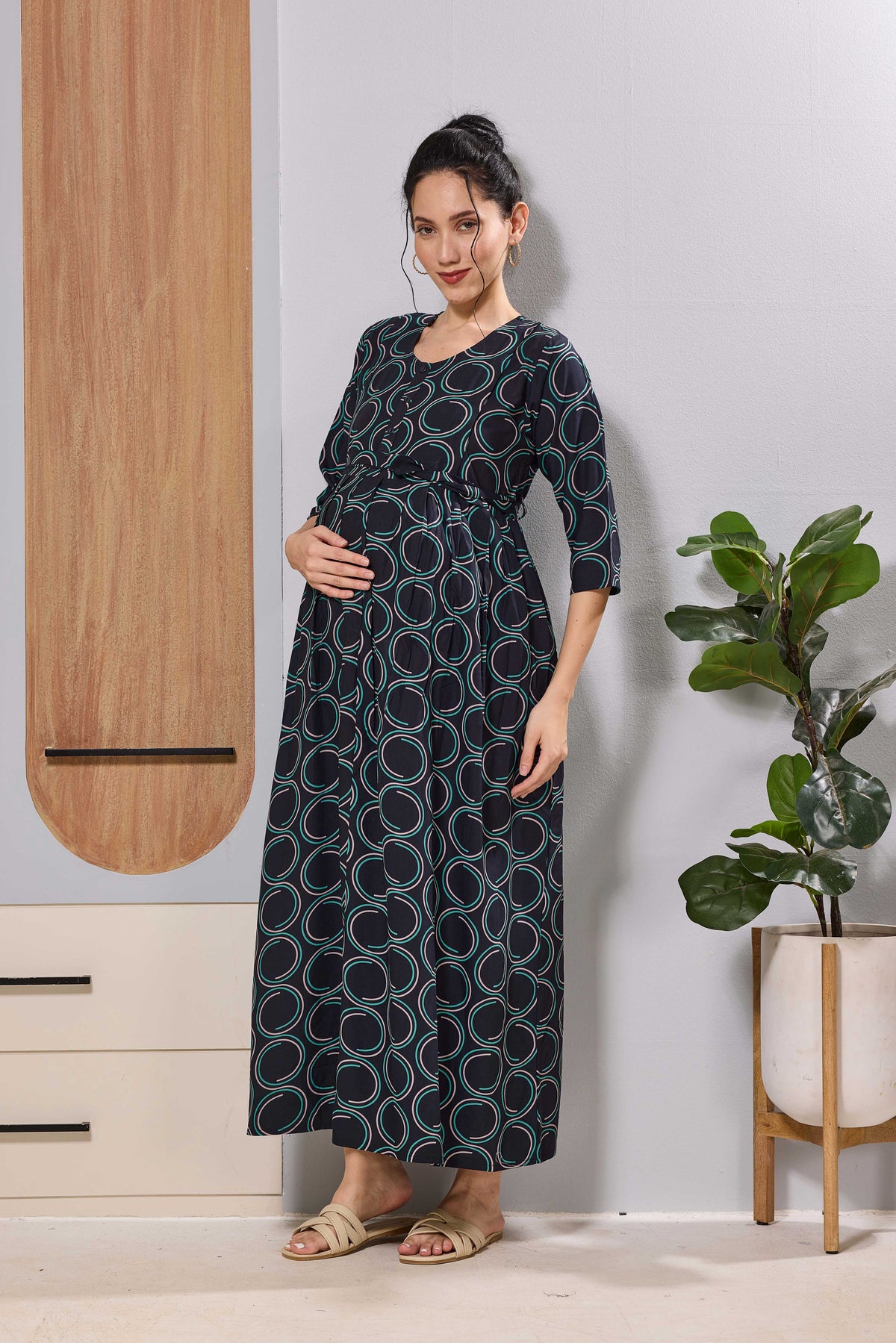 Mangai Navy Maternity Feeding Long Frock with Invisible Zip