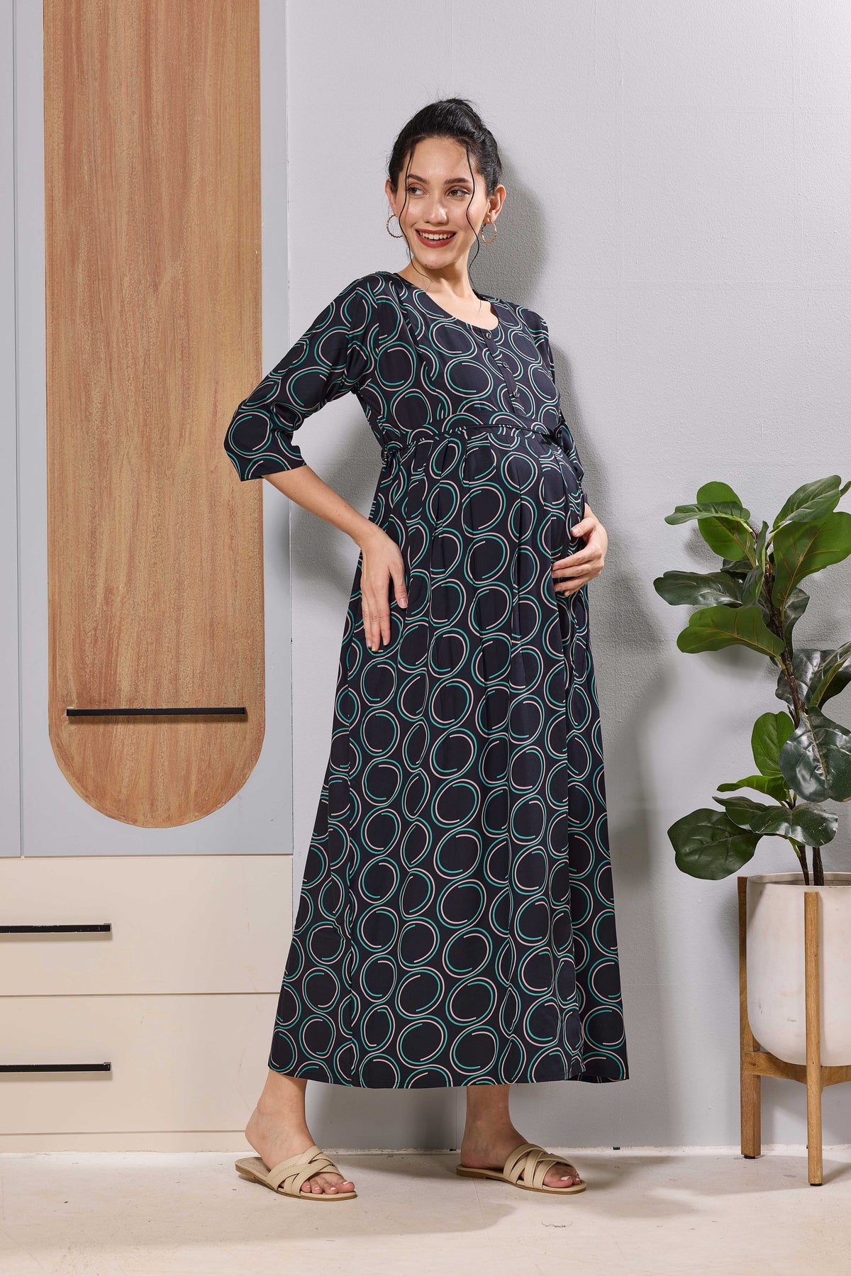 Mangai Navy Maternity Feeding Long Frock with Invisible Zip