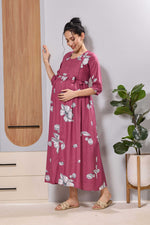 Mangai Pink Floral Feeding & Maternity Wear Long Frock Dress