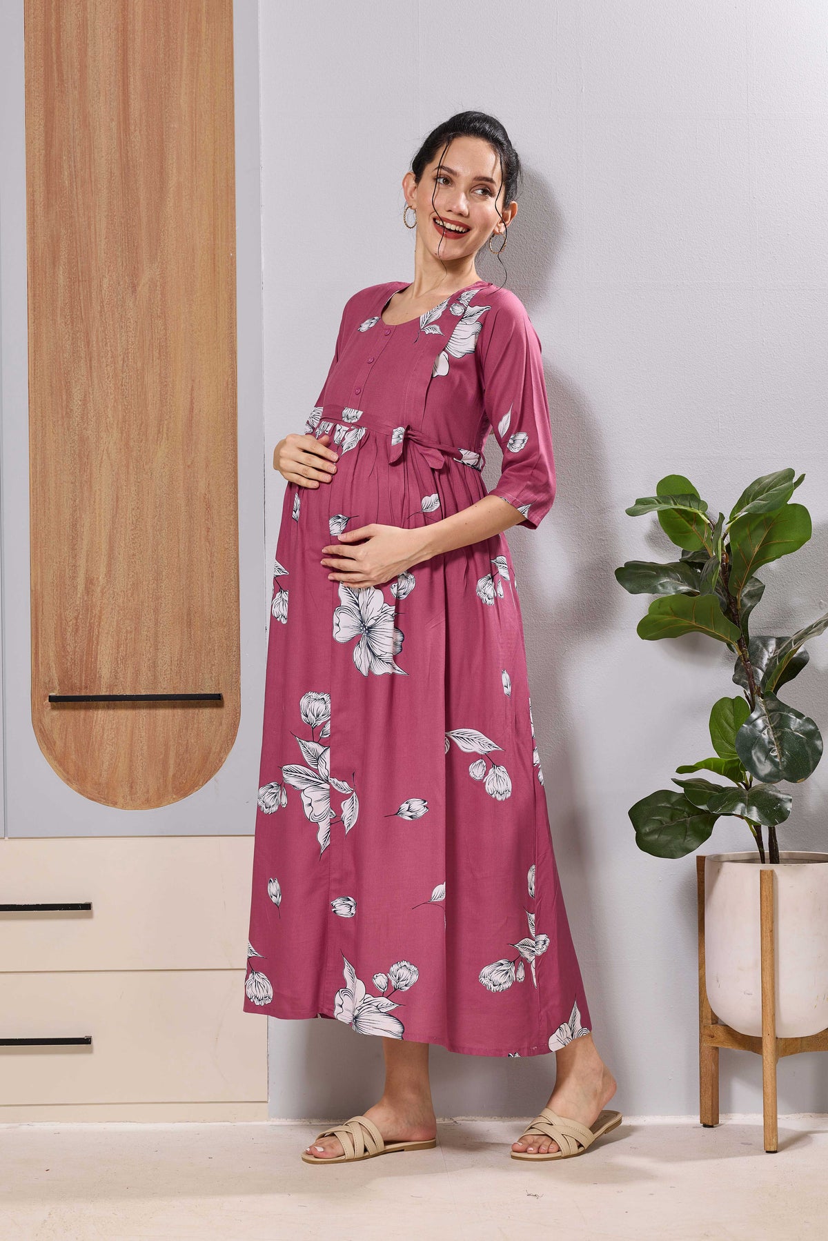 Mangai Pink Floral Feeding & Maternity Wear Long Frock Dress