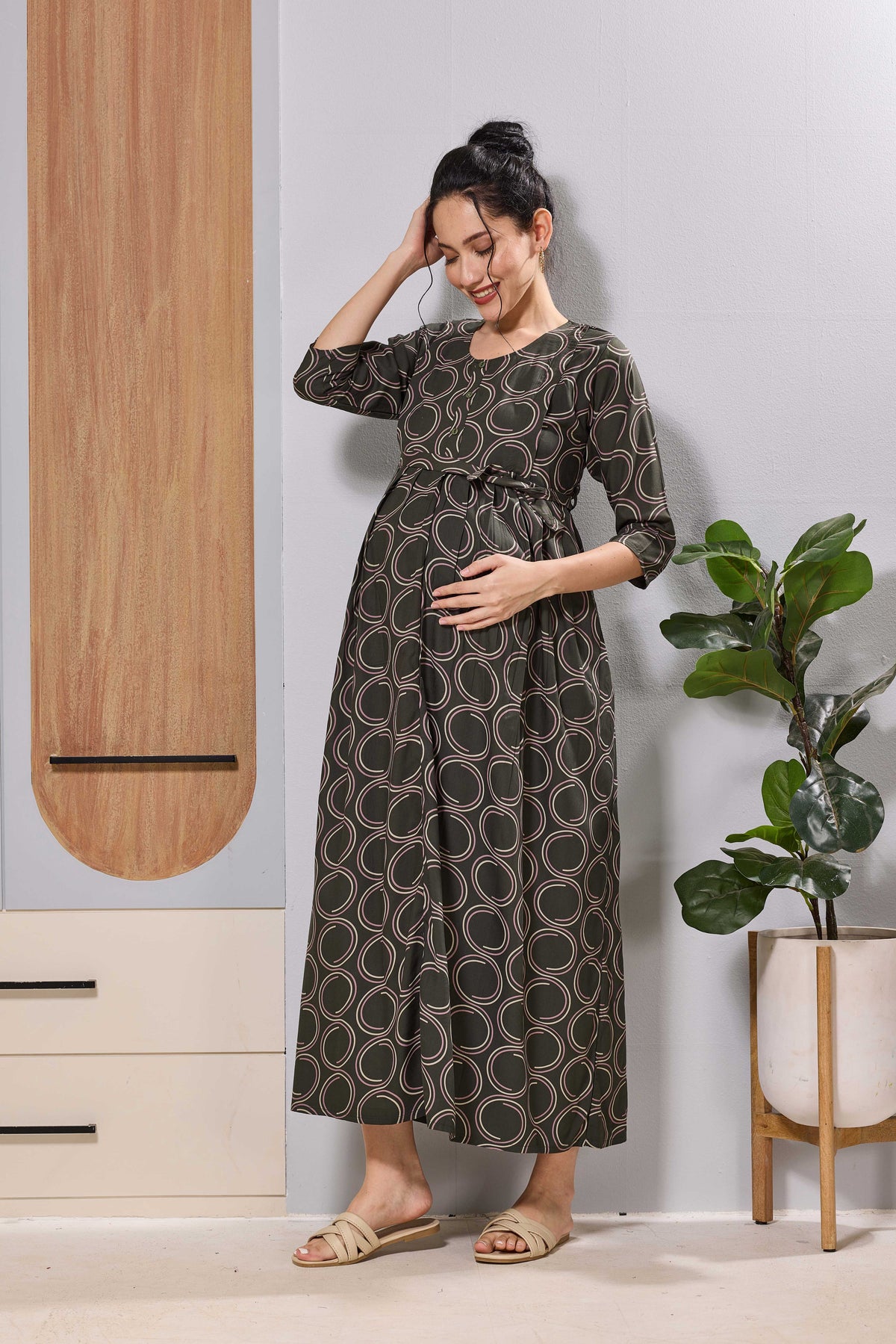 Mangai Navy Maternity Feeding Long Frock with Invisible Zip