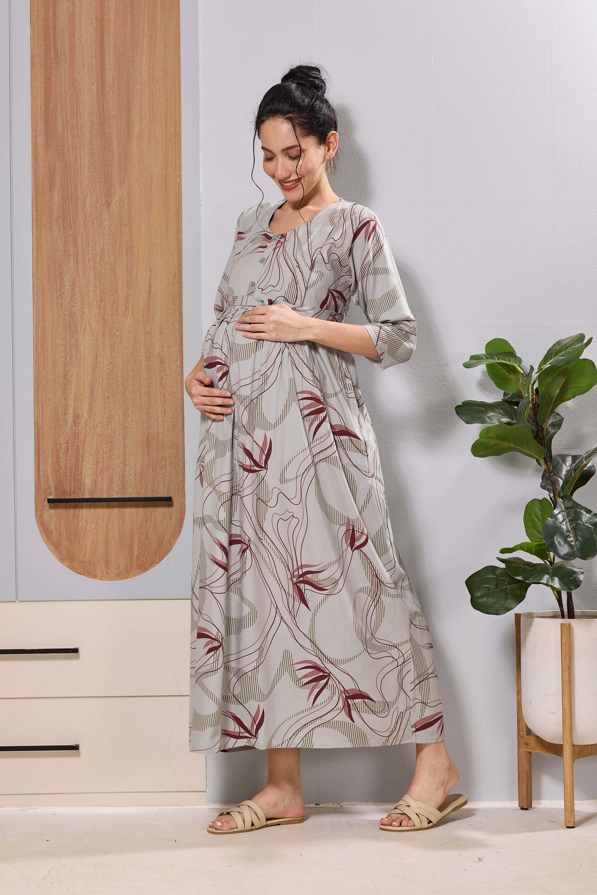 Mangai Beige Maternity Feeding Long Frock with Invisible Zip