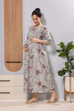 Mangai Beige Maternity Feeding Long Frock with Invisible Zip
