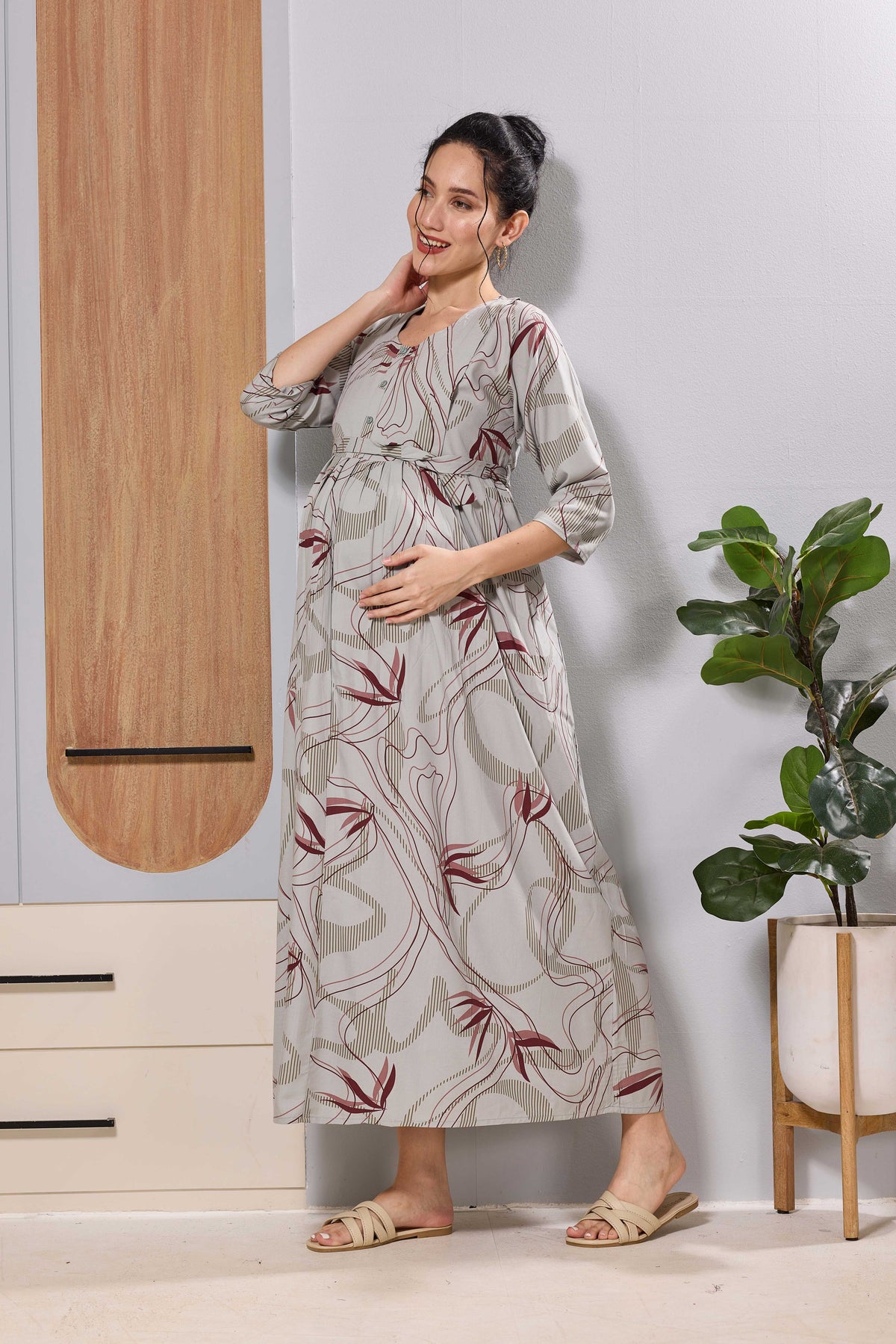 Mangai Beige Maternity Feeding Long Frock with Invisible Zip