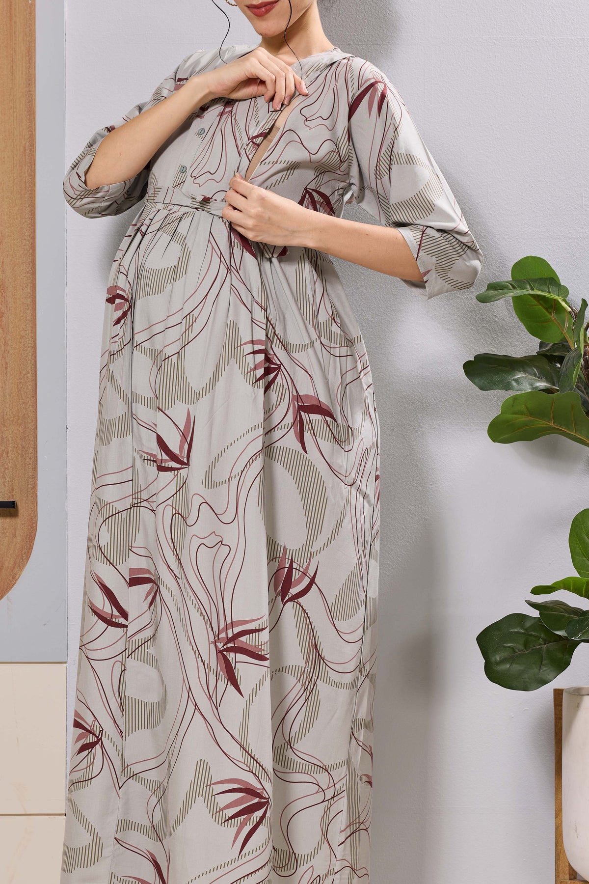 Mangai Beige Maternity Feeding Long Frock with Invisible Zip