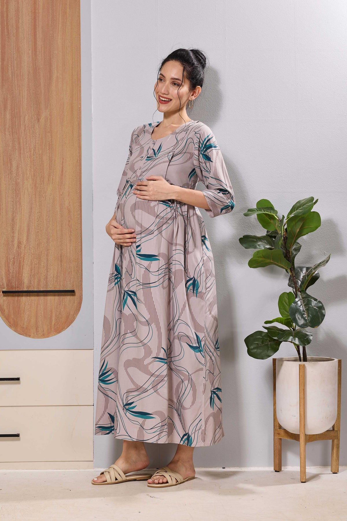 Mangai Beige Maternity Feeding Long Frock with Invisible Zip