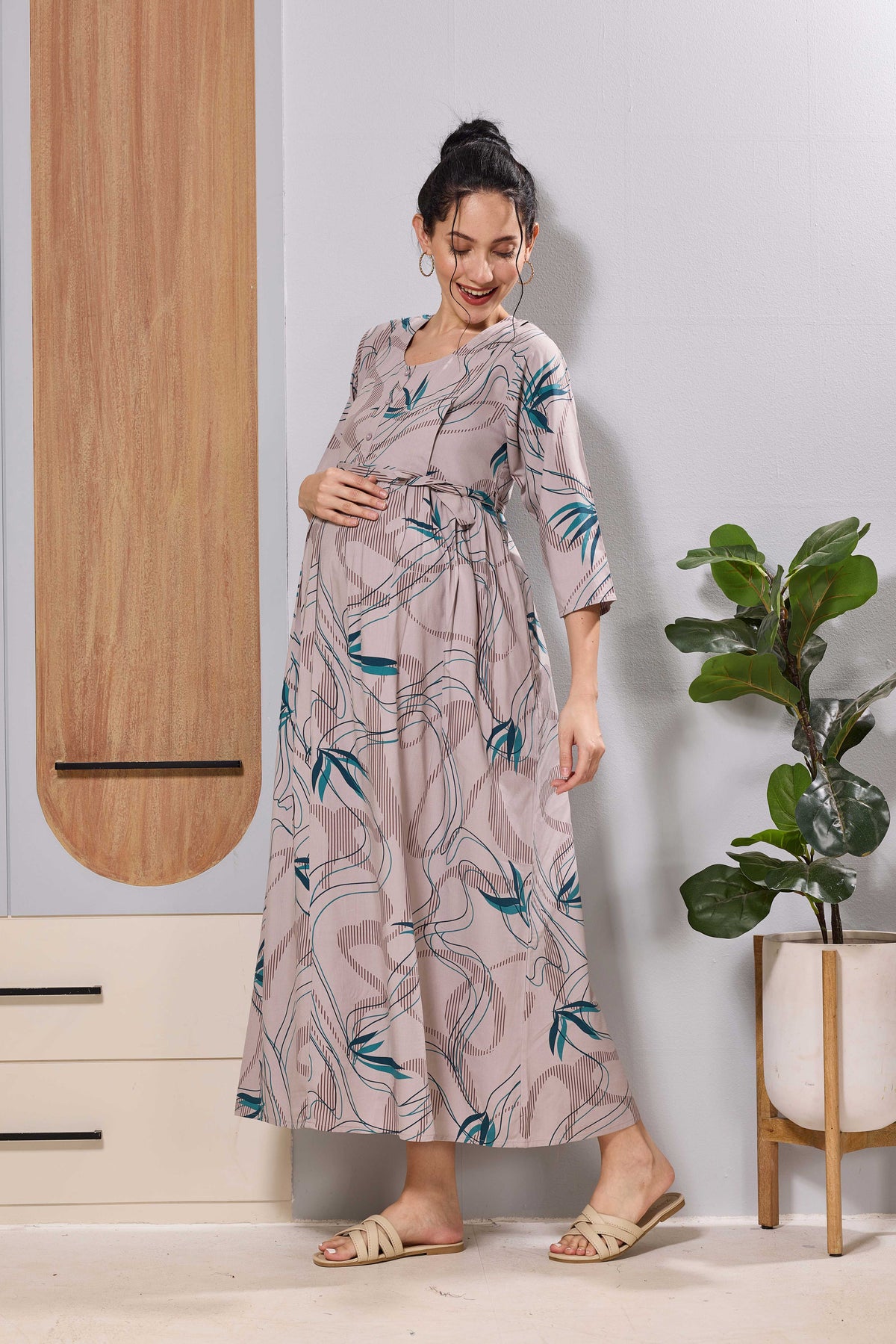 Mangai Beige Maternity Feeding Long Frock with Invisible Zip