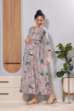 Mangai Beige Maternity Feeding Long Frock with Invisible Zip