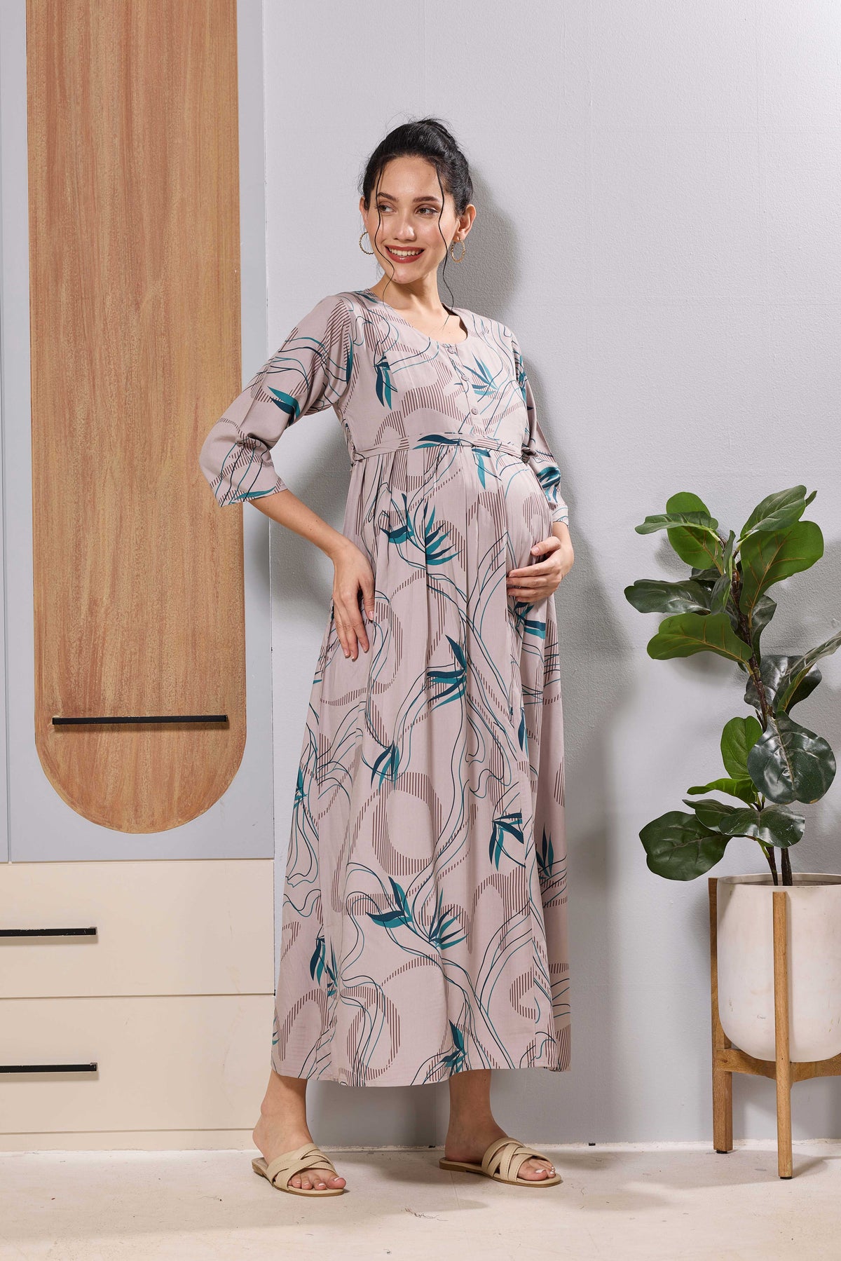 Mangai Beige Maternity Feeding Long Frock with Invisible Zip