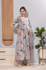 Mangai Beige Maternity Feeding Long Frock with Invisible Zip