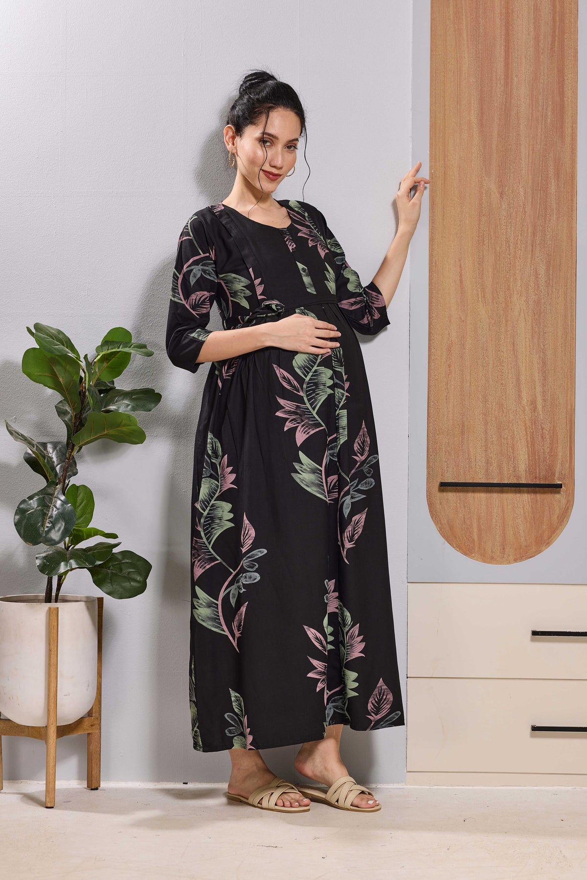 Mangai Black Leaf Print Feeding & Maternity Dress | Long Frock