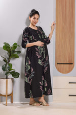 Mangai Black Leaf Print Feeding & Maternity Dress | Long Frock