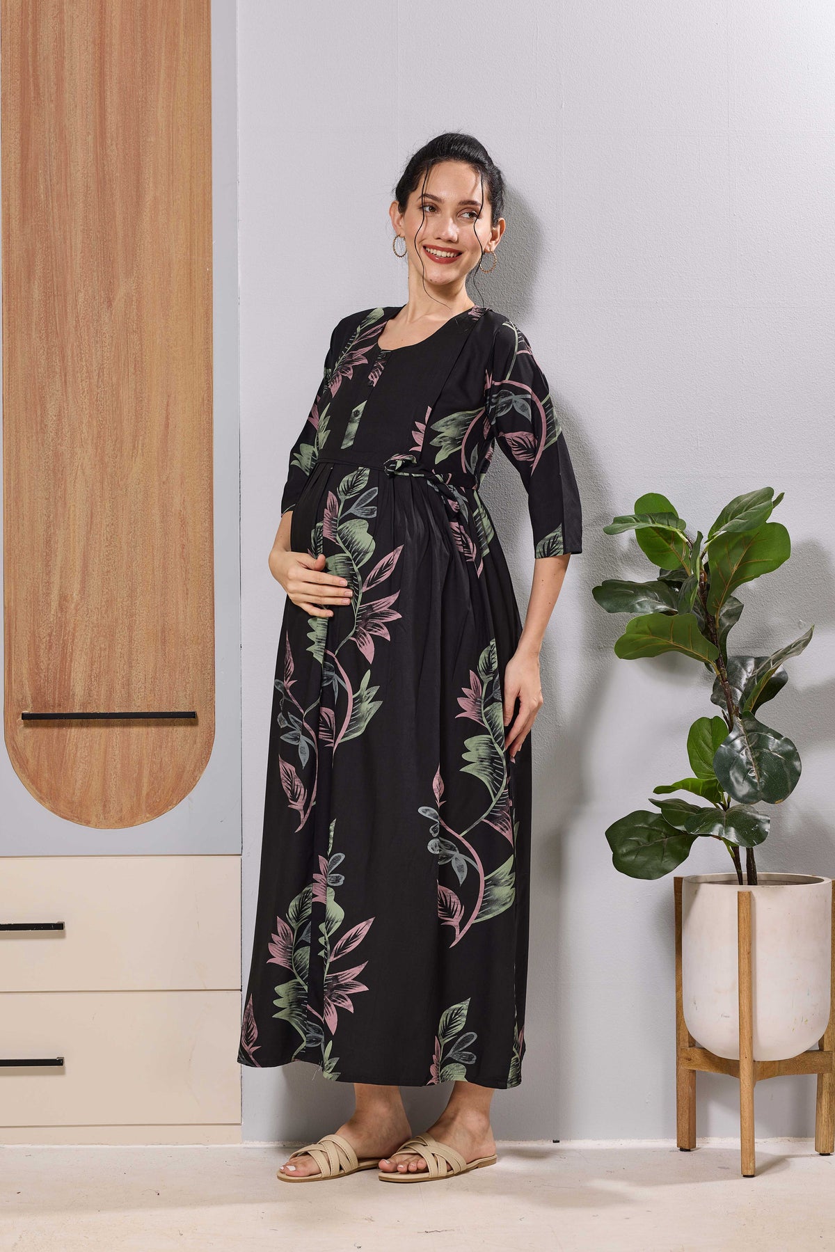 Mangai Black Leaf Print Feeding & Maternity Dress | Long Frock
