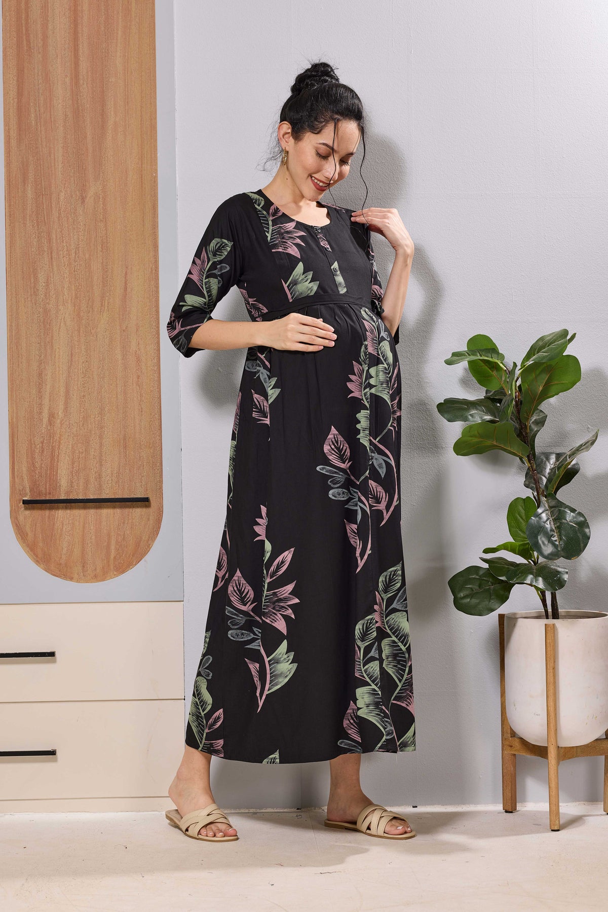 Mangai Black Leaf Print Feeding & Maternity Dress | Long Frock