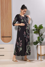 Mangai Black Leaf Print Feeding & Maternity Dress | Long Frock
