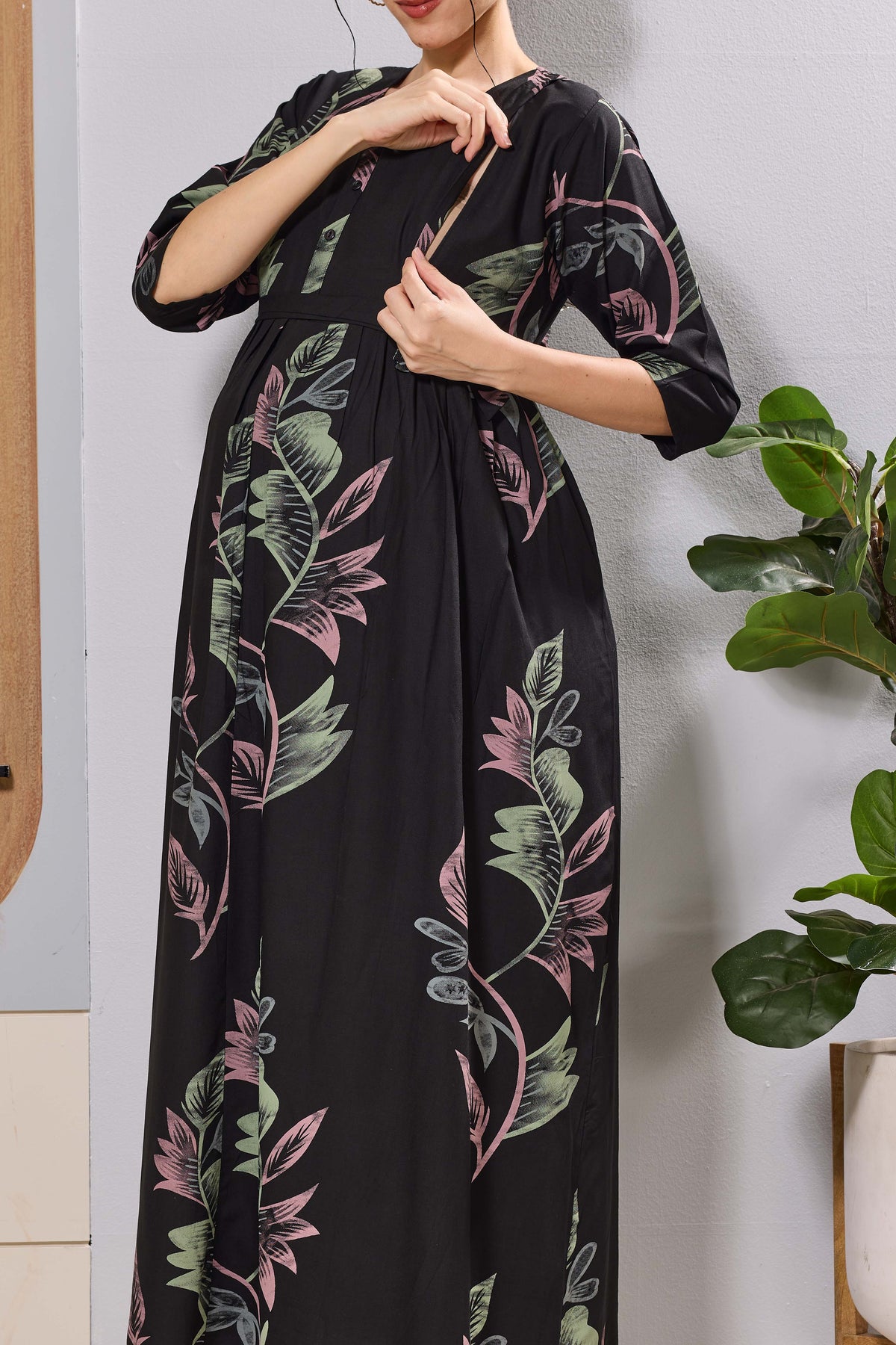 Mangai Black Leaf Print Feeding & Maternity Dress | Long Frock
